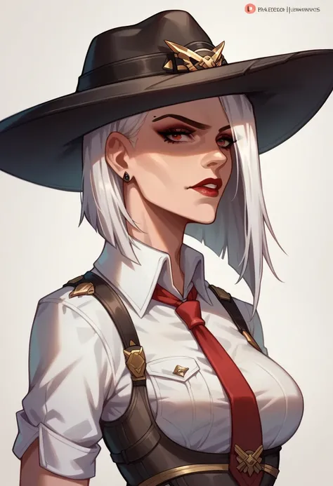 score_9 up, score_8 up, score_7 up, 1female, tanned skin, Ashe from Overwatch is sexy, Ashe smirks, detailed face