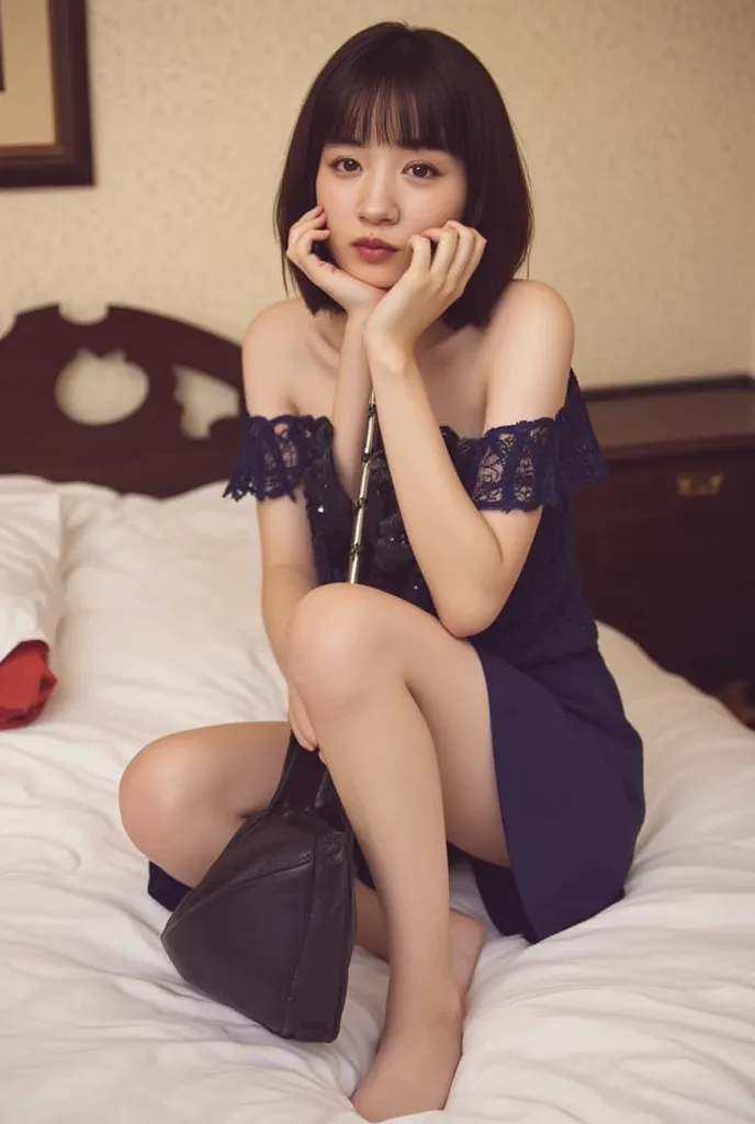 table top、sexy idol girl 、good style、 straight hair 、short bangs、 off shoulder、lace material、sexy nightwear、deep v-neck、 clevis：...