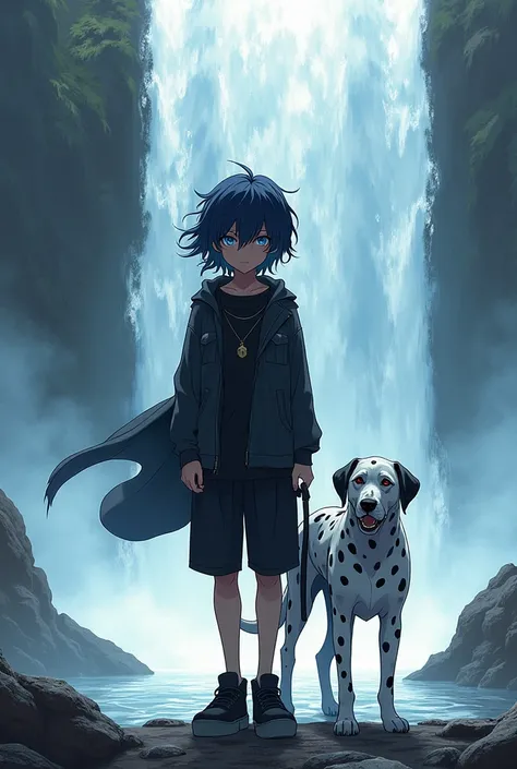  Young Shounen-style anime character ,  who has fringed hair covering his face ,  he has black and white clothes and a giant Dalmatian dog with angry eyes on his side. Scenario waterfall in the background 