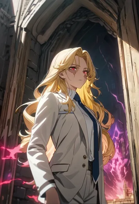 (Alone), Yellow hair,  matted hair , Mane hair ,  long hair in the castle,  thick hair ,  matted hair , A huge scar on the left side of the face, expressive hair, mature,(25 years old),  red eyes, ((female)), beautiful 소녀,  wearing a white suit.,  blue tie...