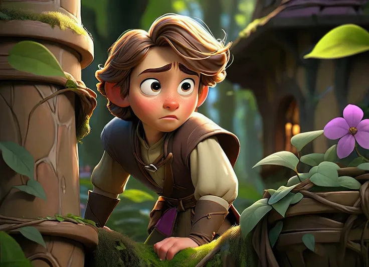 young prince named Finn, looking curious yet a bit clumsy, as he stumbles upon Rapunzels hidden tower in the forest. Finn has tousled brown hair, slightly oversized royal attire, and a friendly, surprised expression. The hidden tower looms in the backgroun...