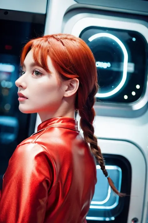 Female android looking back、 sexy、Red hair braid、Space Suit、whole body、metallic ornaments、Transparent helmet、 60s Sci-fi Movie Style 、 pastel colors 、Woman facing the front with a futuristic spaceship in the back 、A view of the future、 Retrofuture、 well-pr...