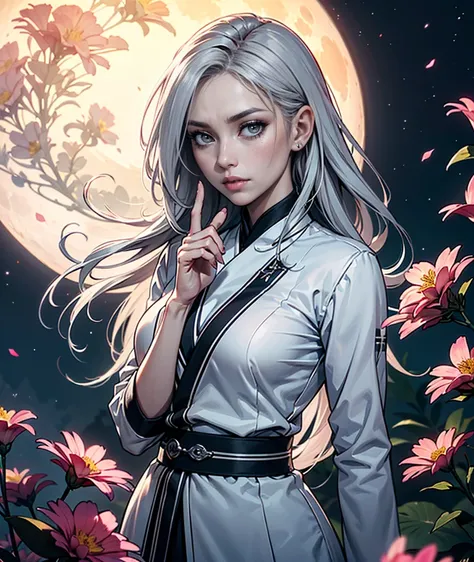 Masterpiece Best Night Full Moon 1 Female Mature Female Older Sister Yu Sister Cold Face Expressionless Silver White Long Hair Female Light Pink Lips Calm Intellectual Three Stripes Gray Eyes Killer Short Knife, flowers, hand details, finger details,