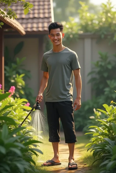 An Indonesian man, 25 years old, thin body, handsome face, wearing a gray t-shirt, wearing 3/4 black pants.watering plants with a hose,simple Indonesian home page background, Indonesian morning atmosphere,very realistic, best details, very natural, cinemat...