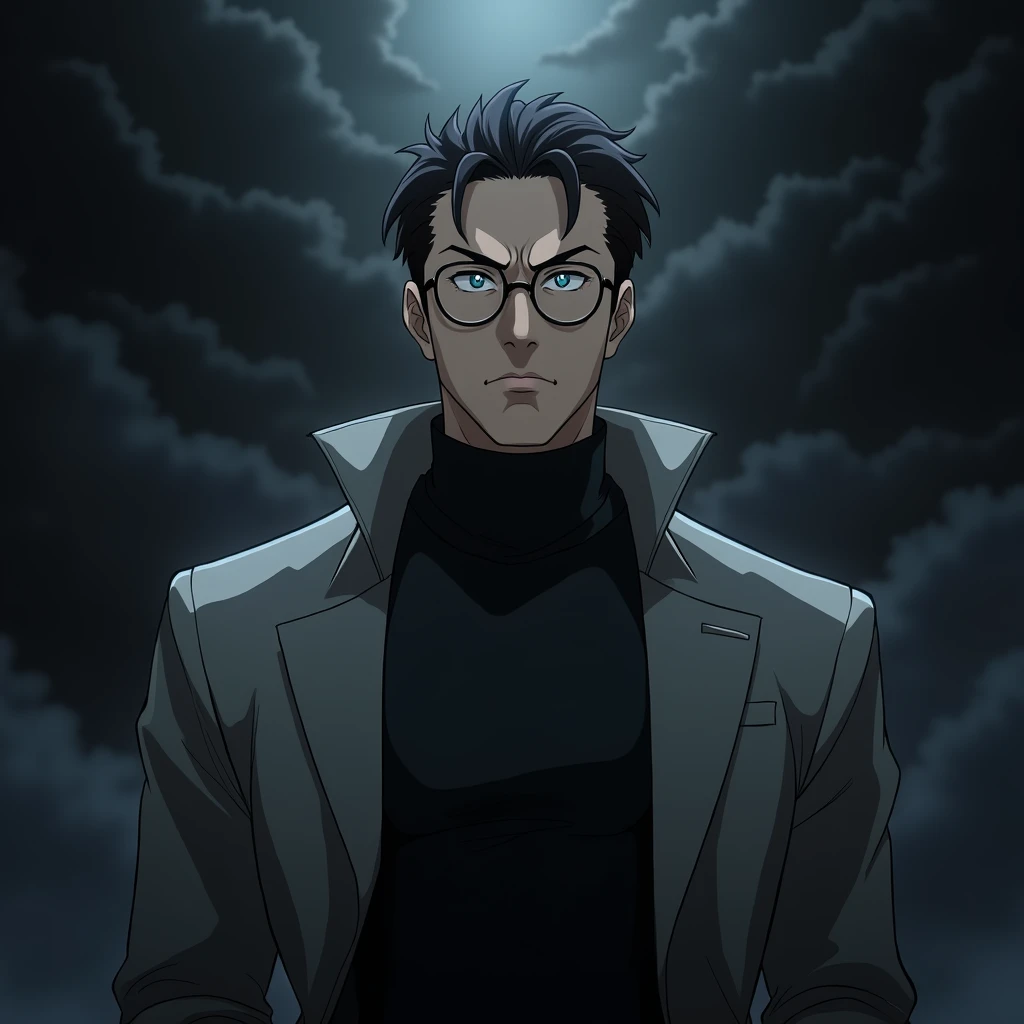 Create an anime-style man with round glasses, a black shirt and a grey coat. He is a powerful and imposing adult, with a dark aura around him.