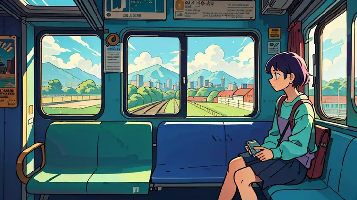 Someone is sitting on a train bench and looking out a window at the landscape passing by, Elogio Artstyle, Arte Lofi, lofi aesthetic, Lofi Sensation, Hip Hop Lofi,  , Retrato Lofi, lo fi, arte lo-fi, vibe, badass vibes , cores , lofi girl aesthetic