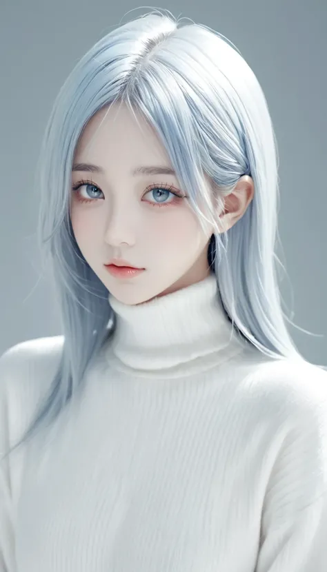 Beautiful young people, Shoulder-length hair,  straight hair,  dull light blue hair touching your head,  white high neck sweater, length, Narrow eyes, Grey Eyes, あなたの頭に触れる, Front View, Composition from the waist up, Nice, Cool, high quality, Withdraw amoun...