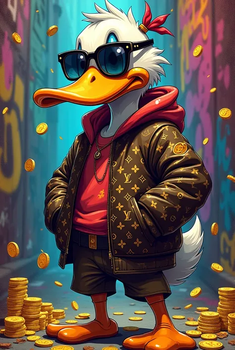 Dagobert duck, street art, grafitty, Louis Vuitton Monogram, cool, ganster, ludic, degen ludicrous, reel casino, many many money gold coins