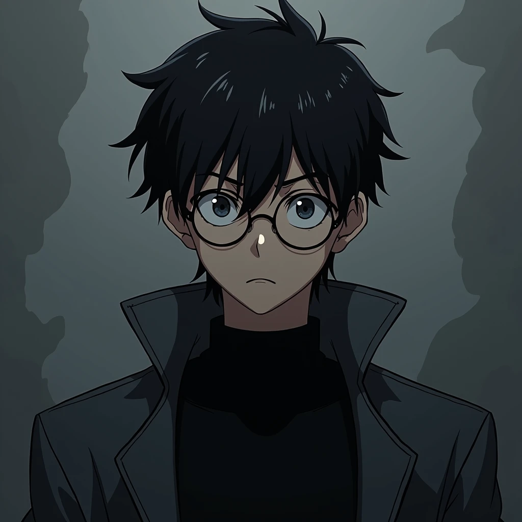 Create an anime-style man with round glasses, a black shirt and a grey coat. He is a powerful and imposing young adult, with a dark aura around him.