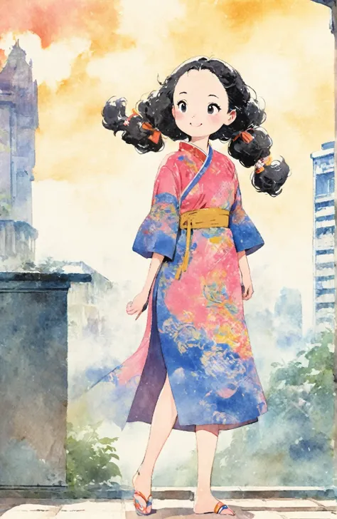 1 girl, solo, forehead, black curly lower-twintail, little fat, smile, looking away, outdoor, standing, foot, legs, thai clothes, hotel background, Tsuguharu Foujita: École-de-Paris style, Andy Warhol: pop-art style, william Turner: Watercolor painting sty...