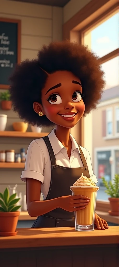 Disney-style movie poster, a black girl with brown eyes ,  dark skin and curly hair who works making drinks and a coffee shop window in the background 