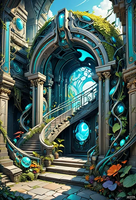   Layered Stone Steps Vine Surreal Elements to the Gates of Layered Invariance Bizarre Blue-Glowing Rich Color Levels Complex Details，masterpiece， Best Quality ，Futuristic Sci-Fi Style 

 Delicate Dynamic Realistic High Detail .,  Best Quality  ( Correct P...