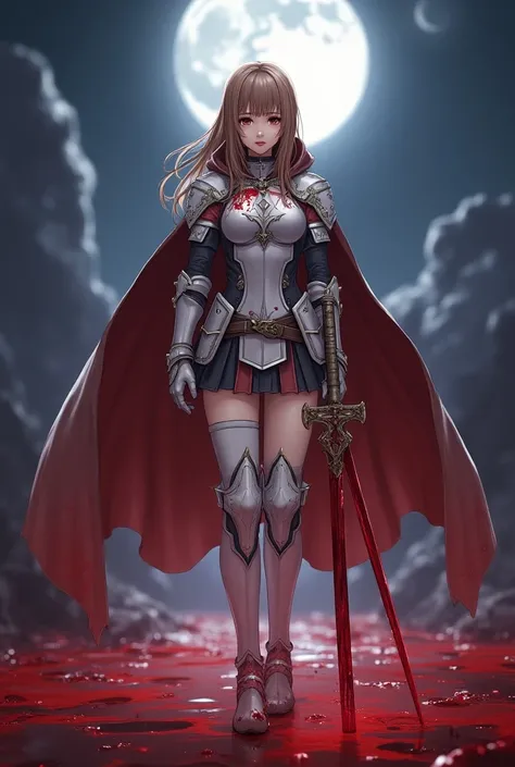 8k,(Asuna(sao): 1.6),one Girl, Solo,(perfect anatomy:1.43), (medium Hair:1.55) ,(Half Up:1.45),Bangs, Brown Eyes,Fine Eyes,(sad smile:1.3),white thighhighs,(Brown Hair:1.6),blood-soaked boots,(18 years old:1.5),Full Body,(fusion of bloody white silver full...