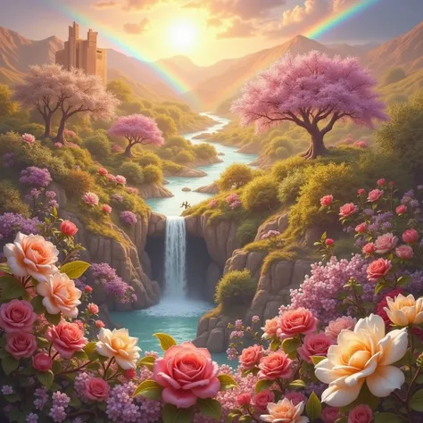 middle East、11 The city was enveloped in the glory of God、Shining like a jewel、Like Jasper〔Like crystal〕It was crystal clear.。Israel- Fantastic - Painting Style Waterfall Soft painting style Brightly colored Bright light a wonderful heavenly garden, rainbo...