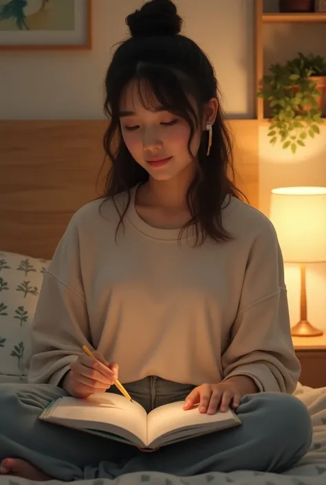 The image shows a 20-year-old female university student doing a relaxing activity such as drawing, listening to music, or meditating, showing her quality time.