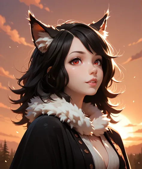 “Dont Starve” style , masterpiece,  Best quality ,  overdetailed ,  illustration,  1girl,  long black hair,  full red eyes, WOLF EARS, the black robe , fluffy collar, Sunset