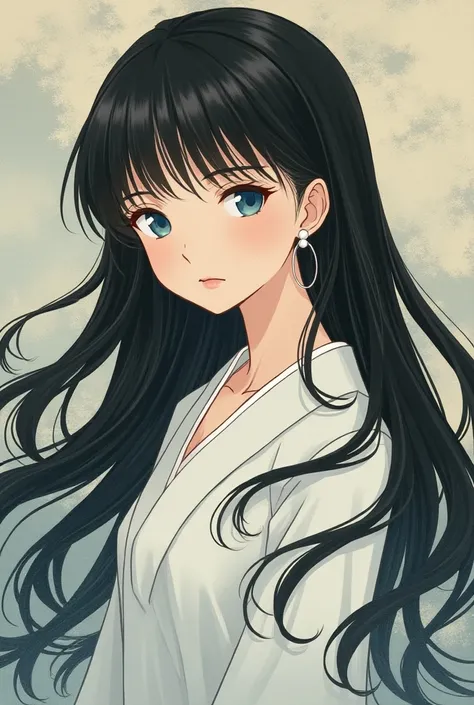  1 girl, solo, Long Hair,  gaze realistically , smile,  open your mouth ,  blue eyes, bangs,  earrings for a woman alone,  Ukiyo-e, 