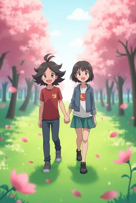 Pokemon card with two s in a flowery Sakura garden with green grass ,  one of the s with medium curly hair and the other with a straight haircut with short bangs. holding hands and smiling .  Pokémon card style art
 High resolution , Necessary, 