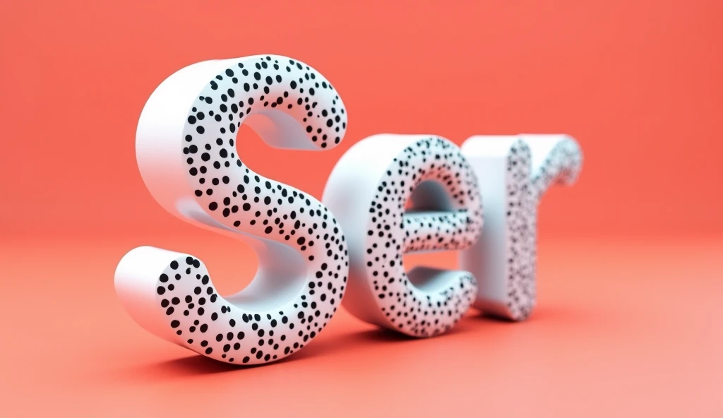 A 3D rendering of the name "SER" with a transparent, tubular design. The letter structure is hollow, with black inner outlines. There is a white outer layer decorated with a black speckled pattern reminiscent of terrazzo. The letter is placed on a vibrant ...