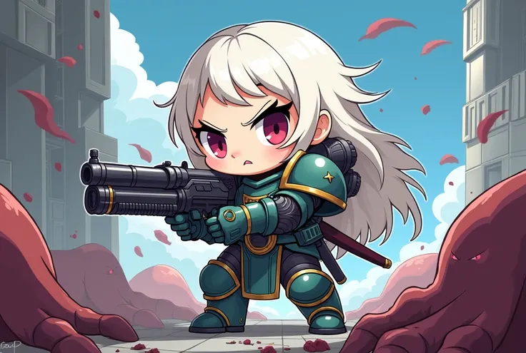  Create a chibi-style illustration /cartoon de uma " Adepta Sororitas ",  from the Warhammer 40k . She has white skin,   white-haired,  shining eyes,  game franchise wears traditional battle armor .  She holds in her hands ,   a powerful high-tech combat r...