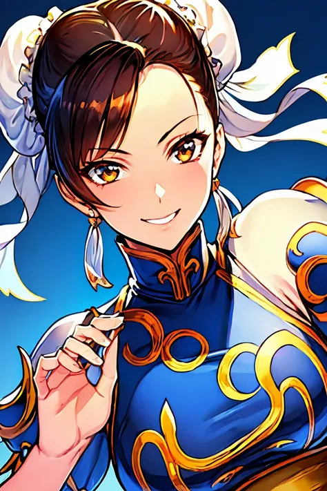 Las mejores obras maestras, ultra-quality,  ultra-detailed ,  HIGH RESOLUTION , illustration, Photo, 8K, An Outrageously Beautiful and Cute Girl,  flirty smile , Chunli, Face 3 /4, looking sideways, looking at spectator