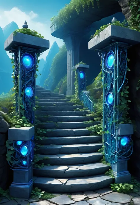   Layered Stone Steps Vine Surreal Elements to the Gates of Layered Invariance Bizarre Blue-Glowing Rich Color Levels Complex Details，masterpiece， Best Quality ，Futuristic Sci-Fi Style 

 Delicate Dynamic Realistic High Detail .,  Best Quality  ( Correct P...