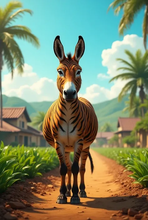 Use bright colors and creat a highly detailed Ultra realistic very clear and ultra hd 4k cinematic image. 
A donkey is standing wearing a tiger skin in a farm in a village in India.
