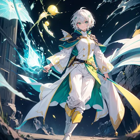 elf, cool female, silver hair,short hair, medium cut, ahoge, curly hair, green eyes,slender, fair skin, yellow drop reef magic wizard light armor robe, yellow cape, boyish, magic one hand cane, pants, long boots, cool smile, boyish