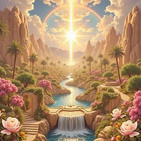 middle East、11 The city was enveloped in the glory of God、Shining like a jewel、Like Jasper〔Like crystal〕It was crystal clear.。Israel- Fantastic - Painting Style Waterfall Soft painting style Brightly colored Bright light a wonderful heavenly garden, rainbo...