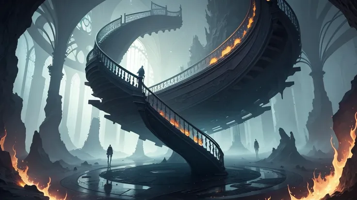 fantasy arts, floating staircase to unknown uninhabited surreal dimension, beautiful curves and spirals, portals, a sci-fi dark scene in the background.