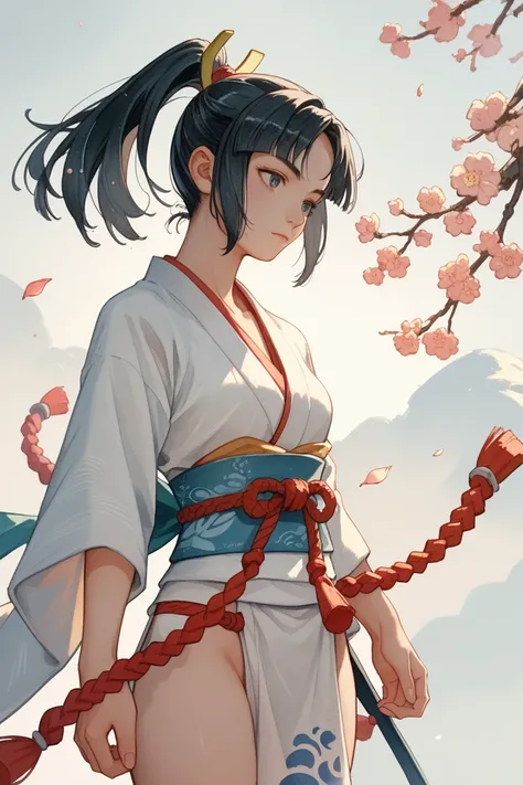  Beautiful, Dignified Girl,  white loincloth,Samurai Travel Outfit 、 Im wrapping a sash around my chest、  black hair ponytail、masterpiece, Best Quality,  very aesthetic,  ultra high resolution,Watercolor、Female Tengu