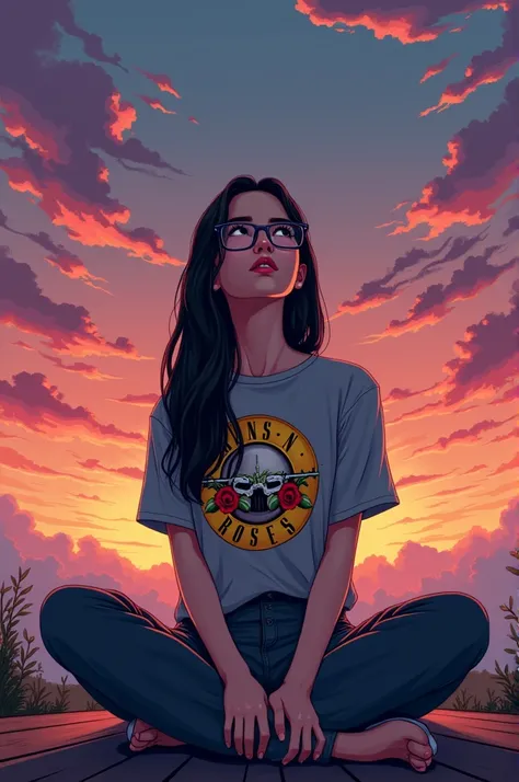 A young woman with square lenses , Long, straight black hair,  wearing a long gray cross Guns N Roses shirt and loose pants,  sitting on her back watching a beautiful sunset . pixel