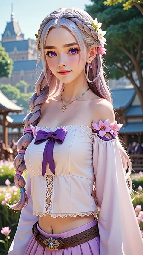 rezeroEmilia, Emilia,  braided , crown  braided , flower, Hair Flowers,  hair ornament ,   hair bow, Long Hair, low-tied Long Hair, ( purple eyes:1.2),  pointed ears, White Flower, x  hair ornament ,
break bare shoulders,  detached color ,  dress,  long sl...