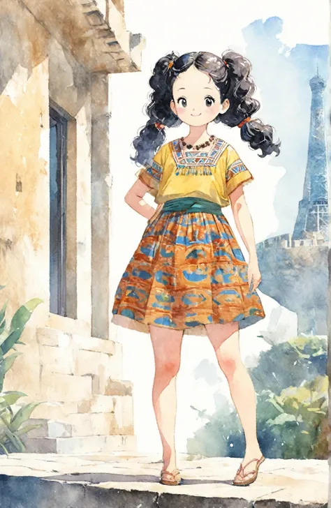 1 girl, solo, forehead, black curly lower-twintail, little fat, smile, looking away, outdoor, standing, foot, legs, ancient mayan clothes, hotel background, Tsuguharu Foujita: École-de-Paris style, Andy Warhol: pop-art style, william Turner: Watercolor pai...