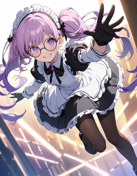 Long purple hair ,  Im wearing maid clothes, round glasses, Front Light ,Cute 2D, Front lighting 、( for a white sci-fi outfit 、masterpiece、 high definition、 Details)、animeスタイル、 Flat Style 、(Shining Eyes、 Details美しい顔),  1 girl、extremely  Details、(The Shinin...