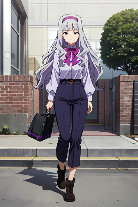 (( pixel perfect,  detail perfect))), alone,  1 girl, takane shijou, purple hair band , big , shirt, bow,  , head to toe ,  look...