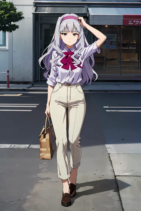 (( pixel perfect,  detail perfect))), alone,  1 girl, takane shijou, purple hair band , big , shirt, bow,  , head to toe ,  look...