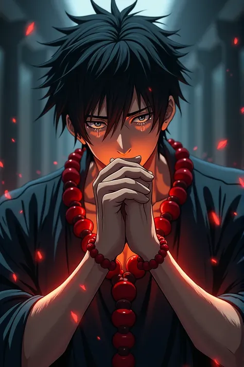 Depict a powerful anime figure with spiky black hair, crying silently while clasping his hands in prayer. His arms, veined and strong, are adorned with vibrant red prayer beads. The lighting is cinematic, highlighting the tears on his face and the tension ...