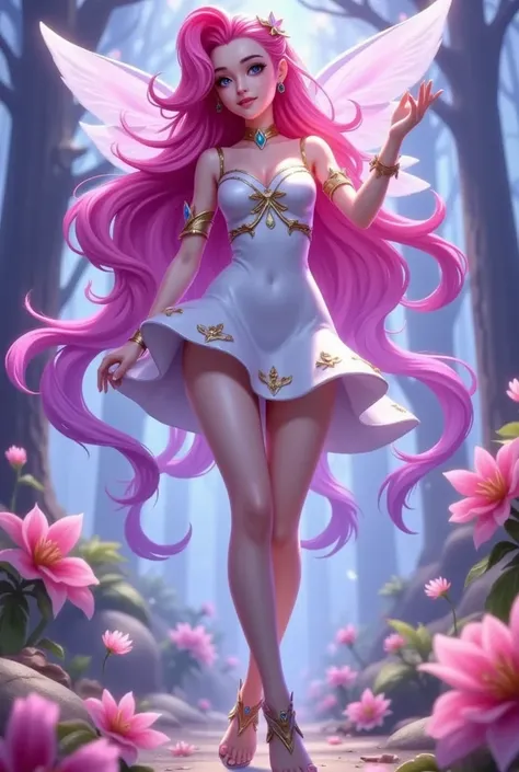 seraphine in league of legends  ，flower fairy，short dress,    pink haired  ，   blue eyes， intangible wings ，yang j concept art ,...