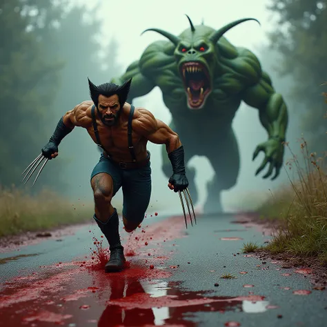 Wolverine running a way from scary monster watermelon and blood are bleeding at the road