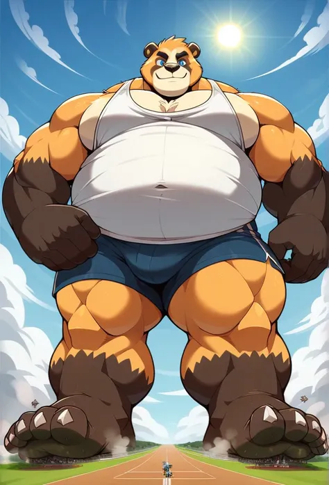 nj5furry, Panda bear  , ，  beast field  ，reif, pummelig, fat belly,  thick arms，strong muscles，Shorts，Plush  ，chubby face，    black eyebrows    ，sky blue eyes ，bart，smile， standing on grass  , Vati , (From underneath:1.1)，（reif, Wearing short  , Tank top, ...