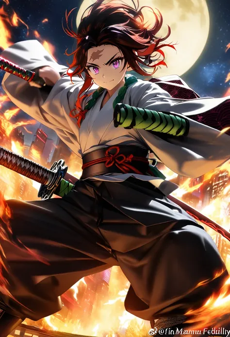 Tanjiro Kamado (Demon Slayer) anime fidelity, face maximum detail in high resolution, Scar on forehead Tanjiro Kamado, calm facial expression high resolution, futuristic kimono high resolution fidelity and detailed, dynamic flame katana fighting poses, hig...