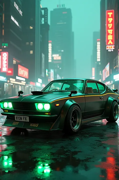 Toyota qualis old model modified in cyberpunk city with green neon light 

