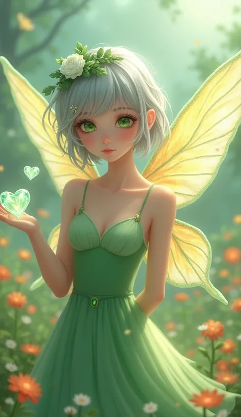  with large, colorful, and airy wings {x} a fairy with emerald green eyes and light gray hair、I have a crystal heart floating on my hand、Wear a light green dress、 with a crystal heart 、Face and body face forward、Staring at the viewer upwards 、Upper body on...