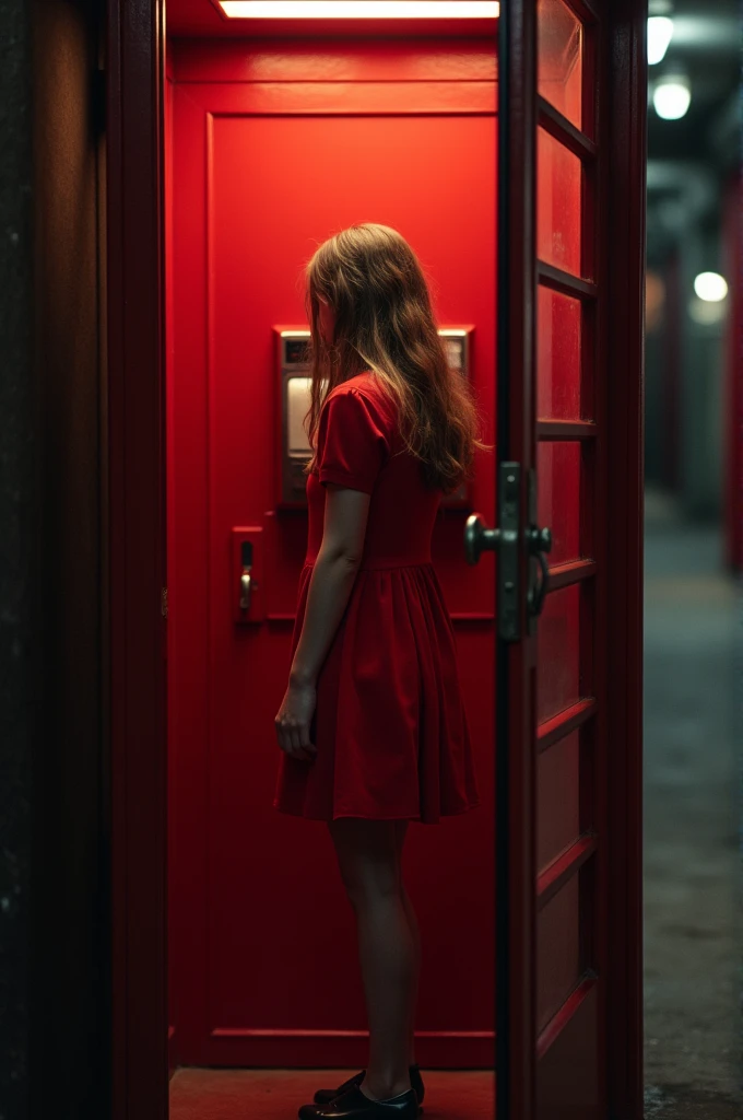 A scared girl stand in red phonebooth and a dial a number wear red dress 