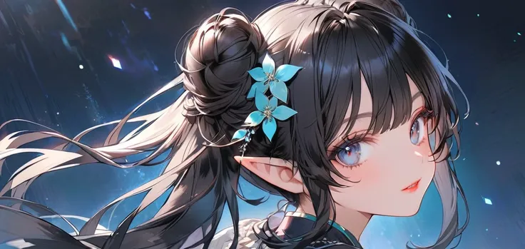 Anime elf girl with grey eyes, dark blue pupils, dark blue black hair with turquoise bangs, pretty, vtuber alike, buns on the back of her hair, front view