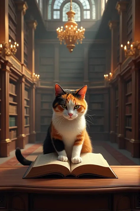 Image of a tricolor cat sitting reading on a table in a large library
