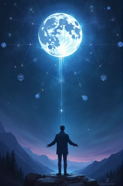 First image:  A mystical night scene with a large bright full moon in a starry sky. In the foreground,  appears the silhouette of a man standing , contemplative,  with his arms extended toward the moon . Around you, alchemical symbols,  as geometric shapes...