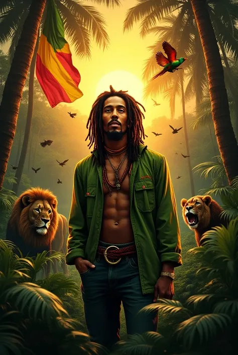 Bob marley gros plan dans la jungle vetement couleur reggae (vert jaune rouge) entouré danimaux de la jungle, avec un lion qui porte dans sa bouche le drapeau rastafari, pleins doiseaux avec un coucher de soleil derriere les branche des arbres.  