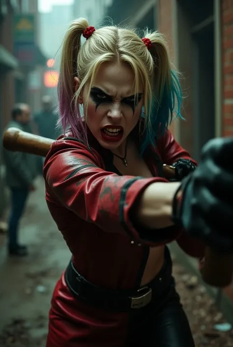  Harley’s First Taste of Violence.
In an intense scene, Harley swings a mallet for the first time, her expression fierce and unrestrained. Her costume shows more intentionality—she’s added gloves and a matching belt, fully embracing her role as Joker’s par...